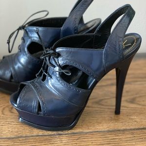 YSL Tribute Navy Loafer Tue Style Sling Back Heel